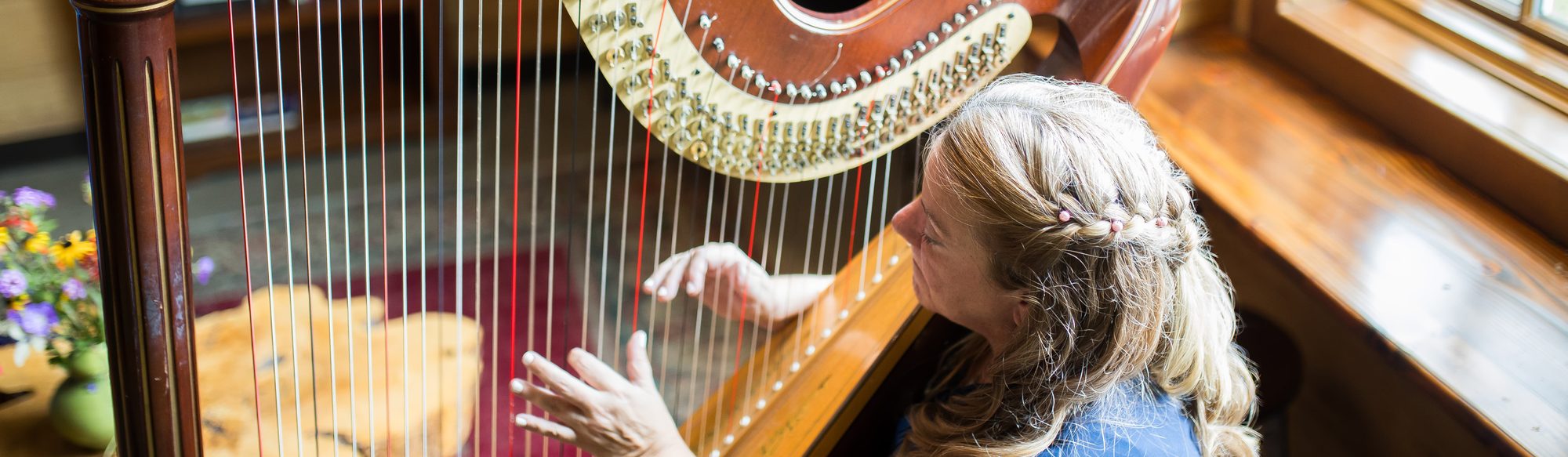 Patricia Turse playing her pedal harp by a window