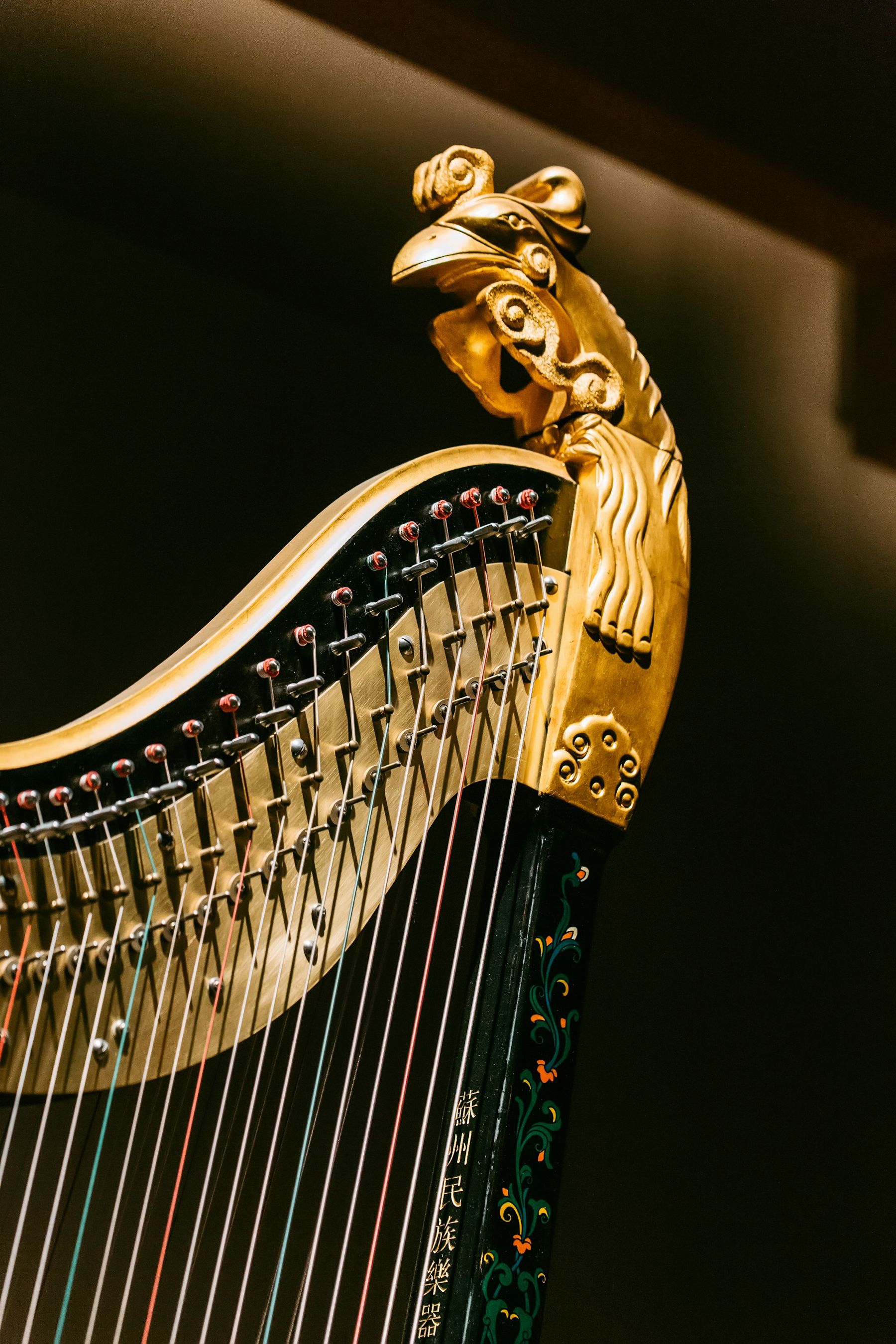 The gilded crown of a harp against a dark ground